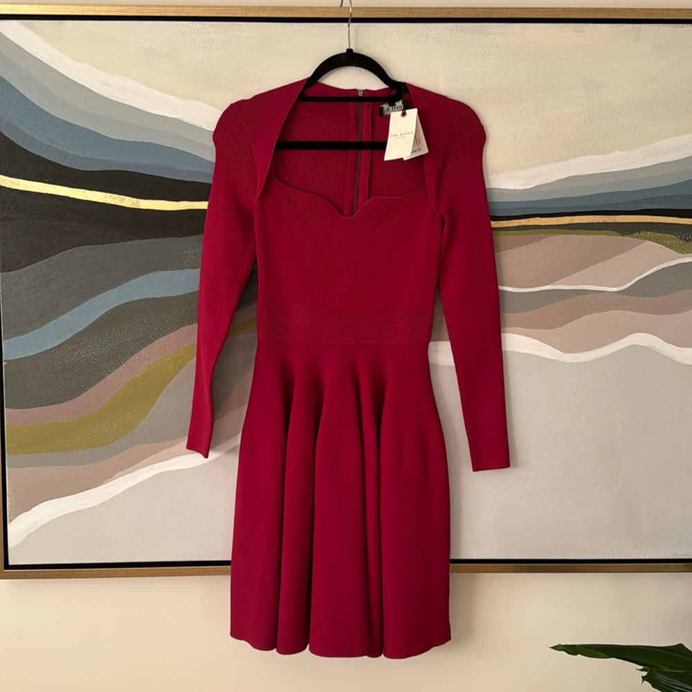 Ted Baker, long sleeve knitted sweetheart, skater dress in deep pink